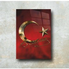 Atatürk Imzalı Türkiye Bayrağı Cam Tablo, Mustafa Kemal Atatürk Gold Imzalı Bayrak Temperli Cam Tablo,