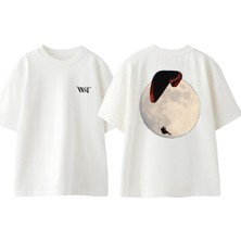 Yamaç Paraşütü ve Ay Tasarım Sırt Baskılı Pamuk Beyaz Oversize T-Shirt
