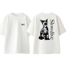 Cat Slowdive Tasarım Sırt Baskılı Pamuk Beyaz Oversize T-Shirt
