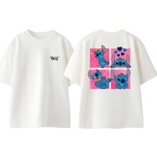 Stitch Pink Tasarım Sırt Baskılı Pamuk Beyaz Oversize T-Shirt