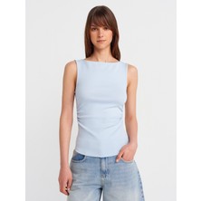 31589 Büzgülü Kayık Yaka Top-Açık Mavi