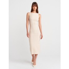 91099 Vücuda Oturan Midi Elbise-Taş