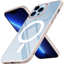 iPhone 13 Pro Uyumlu Wireless Şarj Özellikli Klcr Krom Magsafe Silikon Kapak-Pembe Açık
