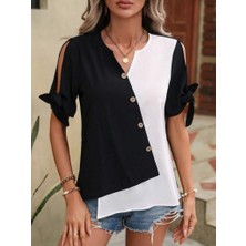 Kadın Kısa Kollu Kollardan Bağlamalı Önden Asimetrik Kesim Çift Renk Detaylı Düğmeli Ithal Krep Bluz