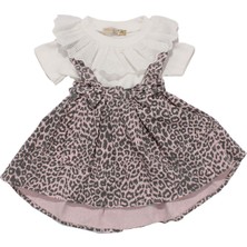 Kız Çocuk Beyaz Pembe Leopar Desenli Fiyonklu Kot Salopet Jile Elbise - 1015741