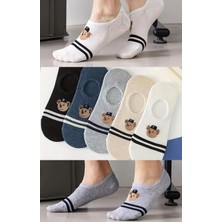 Trampler Kadın 5 Çift Görünmez Babet Çorap Ayıcık Desenli Çizgili Renkli Çorap