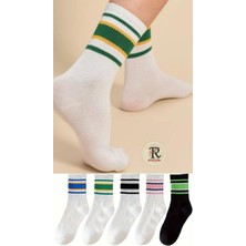 Trampler 5 Çift Unisex Renkli Çemberli Çizgili Kolej Tenis Çorap Pamuklu