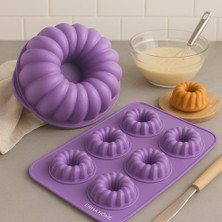 Silikon Yuvarlak Dilimli Kek Kalıbı ve Figürlü 6lı Tepsi Muffin Kalıp Mor Kek Kalıbı