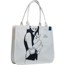 Papary Canvas Çanta - Kedi Annesi/ Doğalbej Canvas Kumaş Emprime Baskı