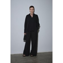 Siyah Serin Palazzo Keten Pantolon