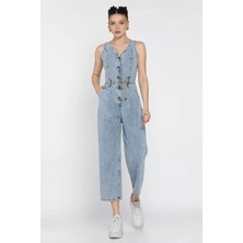 Ön Düğmeli Kemerli Jean Kot Tulum Salopet P-00016863