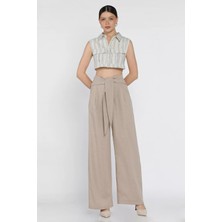 Gülseli Bel Bağlamalı Fermuarlı Kadın Keten Pantolon P-00016608