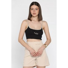 Gülseli Ip Askılı Nakışlı Crop Top Kaşkorse Bluz (S-M-L Uyumludur) P-00016853