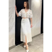 Kadın Nakışlı Taşlı Keten Bluz Etek Ikili Takım P-00016625