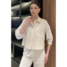 Gülseli Çizgili Cepli Kadın Keten Gömlek P-00016621