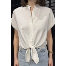 Gülseli Kadın Ön Bağlamalı Duble Kol Keten Gömlek P-00016703