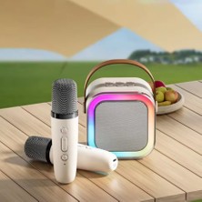 K12 Kablosuz Bluetooth Hoparlör Bej Karaoke 2 Mikrofon Hediyeli Ses Efektli Rgb Hd Stereo Ses Usb/sd