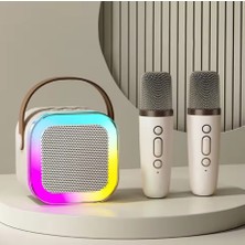K12 Kablosuz Bluetooth Hoparlör Bej Karaoke 2 Mikrofon Hediyeli Ses Efektli Rgb Hd Stereo Ses Usb/sd