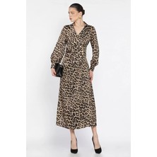 Gülseli Leopar Desenli Drapeli Saten Elbise P-00016303