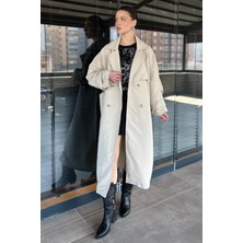 Kadın Bel Kuşaklı Yırtmaçlı Oversize Trençkot P-00016316