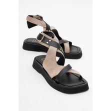 Luvi Minnea Siyah Gri Süet  Deri Kadın Sandalet