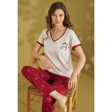 Kadın Desenli V Yaka Düğmesiz Yazlık Viskon Kısa Kol Pijama Takımı