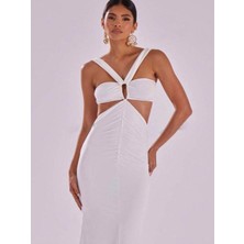 Beyaz Halter Yaka Cut-Out Nişan After Elbise