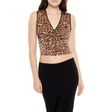 F21 Leopar Desenli V Yaka Bluz