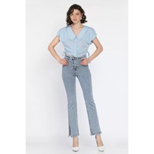 Gülseli Kadın Yüksek Bel Taş Işlemeli Yırtmaç Detaylı Jean Kot Pantolon P-00016597