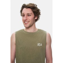 Elton Koyu Haki Bisiklet Yaka Sıfır Kol Yıkamalı Baskılı Oversize Erkek Tshirt