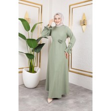 Moda Ebva Kol Büzgülü Gül Detaylı ELBISE-5030 Su Yeşili