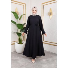 Moda Ebva Kol Büzgülü Gül Detaylı ELBISE-5030 Siyah