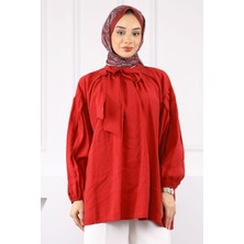 İmaj Butik Kırmızı Yaka Detaylı Balon Kol Tunik
