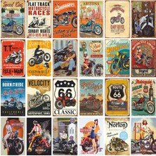 Klasik Motosiklet Poster Seti. Route 66 ve Pin Up Kızlarıyla. 24 Adet Mini Retro Ahşap Poster