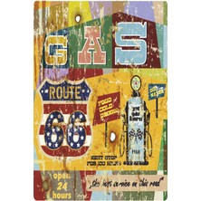 Route 66 Benzin Istasyonu Klasik Araba Motor Garaj Eskitilmiş Nostaljik Retro Ahşap Poster