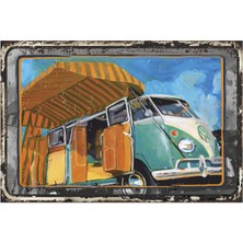 Sahilde Kamp Yapan Vosvos Wan Klasik Nostaljik Arabalar Retro Ahşap Poster