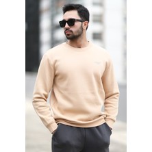 Erkek Kışlık Sweatshirt Bej Üç Iplik Şardonlu O Yaka Ribanalı Regularfit Baskılı - 5012-1-1
