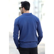 Erkek Indigo Polo Yaka %100 Mikro Flament Örme Ribanalı Triko Sweatshirt - 1920
