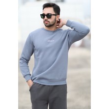 Erkek Bisiklet Yaka 3iplik Baskılı Sweatshirt Koyu Mavi - 5012-1