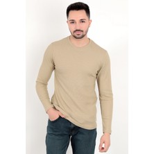 Erkek Vizon Bisiklet Yaka Slim Fit Esnek Waffle Kumaş Dokulu Uzun Kollu T-Shirt - 5073-2