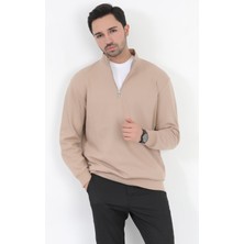 Erkek Dik Yaka Sweatshirt Vizon Yarım Fermuarlı Laking Pike Pamuk Karışım - 5482