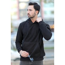 Erkek Kapüşonlu Oversize Sweatshirt Siyah Kanguru Cep Intersoft Hoodie - 5738