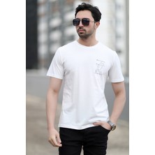 Erkek Bisiklet Yaka Kedi Dijital Baskılı T-Shirt Beyaz - 2020-3