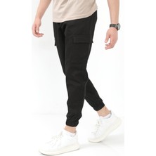 Erkek Kargo Pantolon Siyah Jogger Likralı Beli ve Paçası Lastikli Pamuk Karışım - 6221