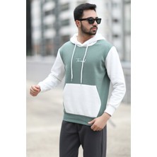 Erkek Kapüşonlu Sweatshirt Açık Yeşil Regularfit 3 Ip Şardonlu Baskılı Kanguru Cepli Hoodie - 5338