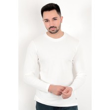 Erkek Beyaz Bisiklet Yaka Slim Fit Esnek Waffle Kumaş Dokulu Uzun Kollu T-Shirt - 5073-2