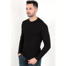Erkek Siyah Bisiklet Yaka Slim Fit Esnek Waffle Kumaş Dokulu Uzun Kollu T-Shirt - 5073-2