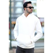 Erkek Kapüşonlu Oversize Sweatshirt Beyaz Kanguru Cep Intersoft Hoodie - 5738