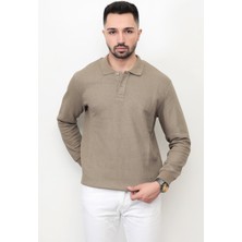 Açık Haki Erkek Polo Yaka Sweatshirt Selanik Örgü Pamuk Karışım Ribanalı Düğme Kapama - 5739