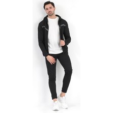 Erkek Siyah Kapüşonlu Fermuarlı Cepli Slim Fit Pamuklu Eşofman Takımı - 2202